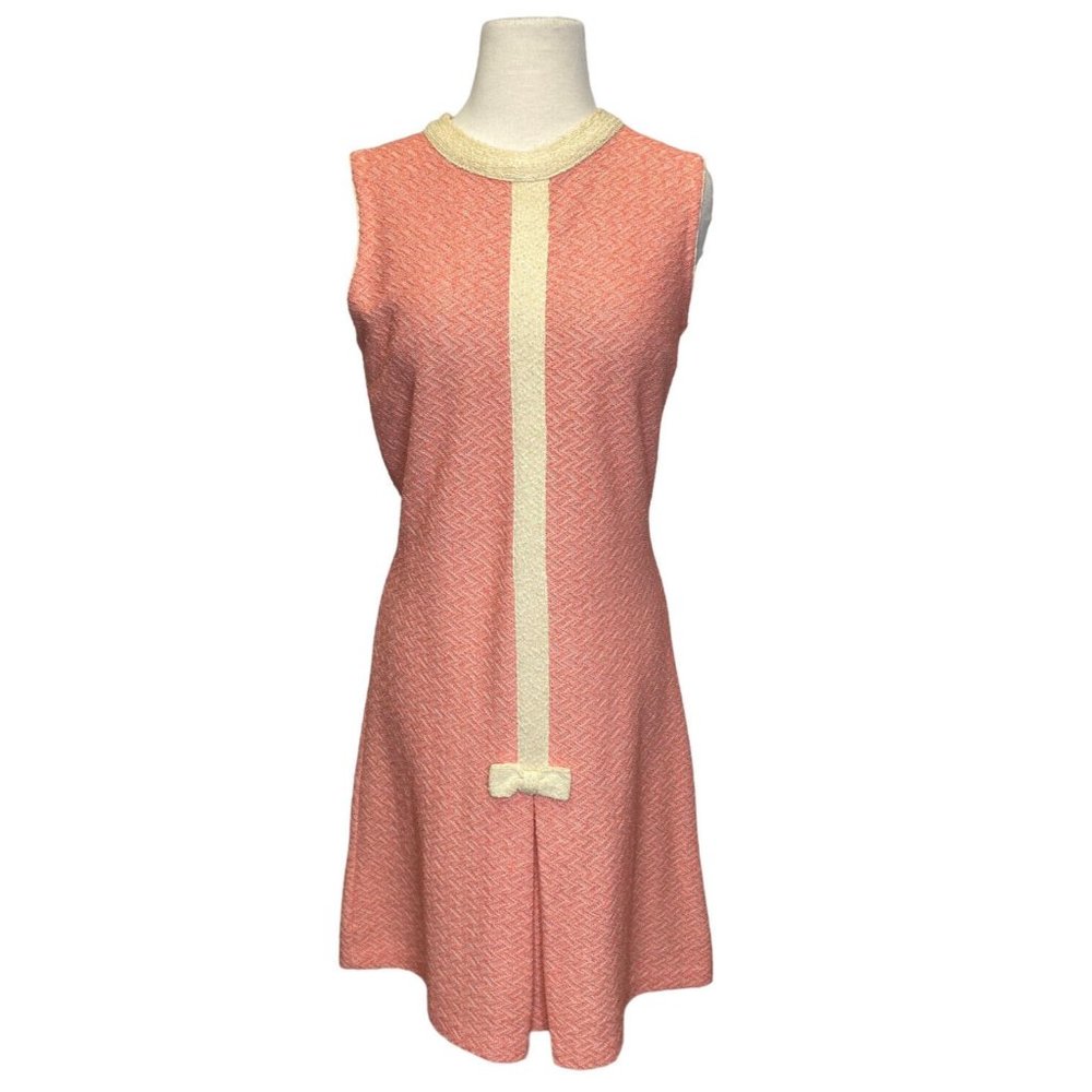 Vintage 50s 60s Pink Knit Dress Bow Cream Center Pleat Shift Sheath Medium Large